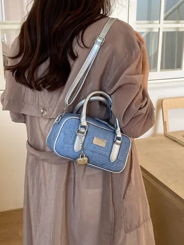 Women's Denim Texture PU Boston Bag Retro Bowling Style Shoulder Crossbody Bag With Metal Lock Decoration For Commuting Daily