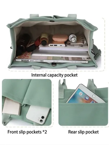 Large Capacity Canvas Tote Bag Women Multi Pocket Crossbody Bag Wide Shoulder Strap Casual Handbag Simple Shopper Bag