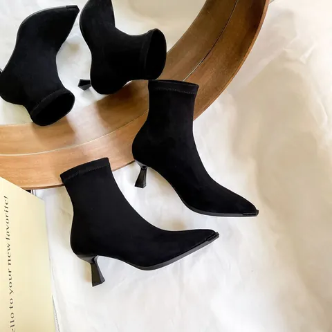 Fashion Microfiber Pointed Toe Stiletto Ankle Boots For Women Western Style Elastic Slim High Heel Side Zip Sock Booties