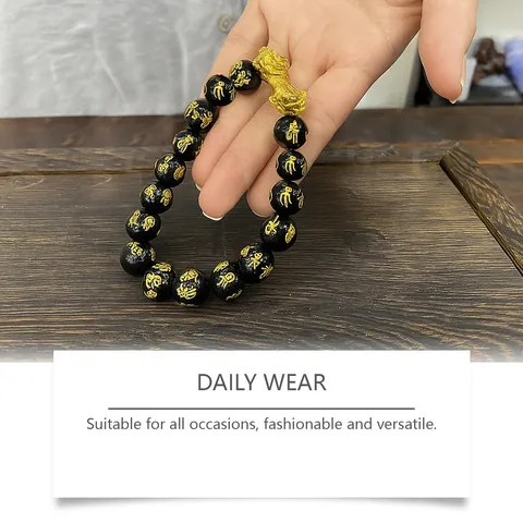 HOEXE Pixiu Armband Herren Damen Legierung Harz Schwarz Gold Mantra Perlen Feng Shui Reichtum Glücksarmband Mit Geschenkbox