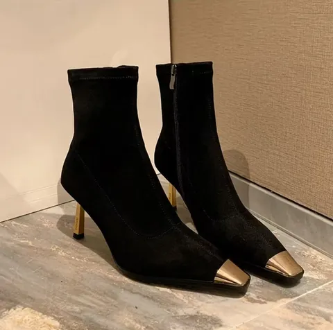 Women Sexy Pointed Square Toe Stiletto Long Boots Microfiber Gold Metal Head Slim High Heel Stretch Boots Knee High Boots