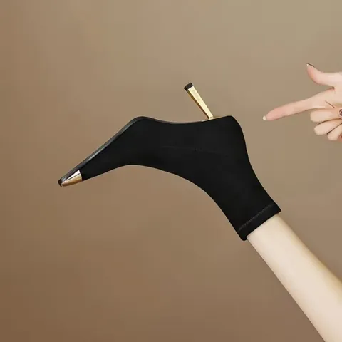 Women Sexy Pointed Square Toe Stiletto Long Boots Microfiber Gold Metal Head Slim High Heel Stretch Boots Knee High Boots