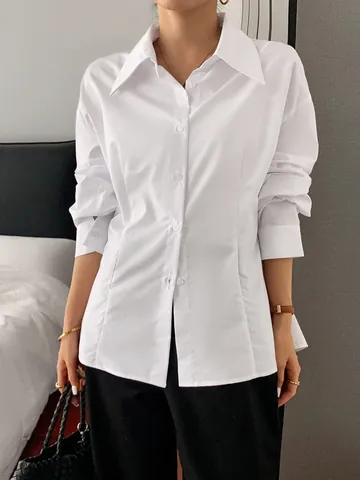 Women's Elegant White Long Sleeve Button Up Shirt Casual Loose Fit Lapel Blouse For Vacation Office Minimalist Woven Top