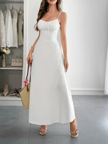Women's Elegant Solid Color Spaghetti Strap Maxi Dress Ruched Bust Tie Back A-Line Waist-Hugging Summer Vacation Dress