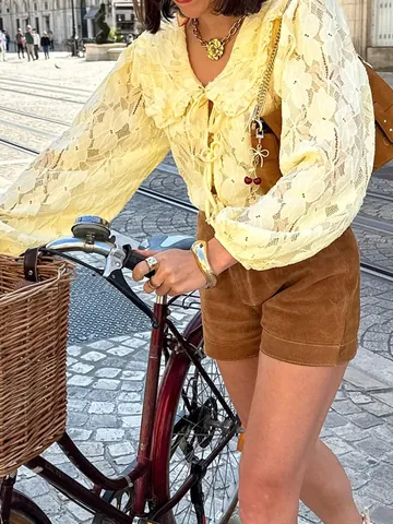 Women French Retro Lace Blouse Peter Pan Collar Elegant Ruffle Lantern Sleeve Hollow Out Tie Up Solid Color Polyamide Top