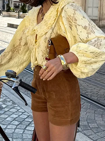 Women French Retro Lace Blouse Peter Pan Collar Elegant Ruffle Lantern Sleeve Hollow Out Tie Up Solid Color Polyamide Top