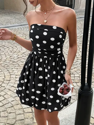 French Vintage Polka Dot Bandeau Dress For Women Elegant Strapless Mini Dress Sleeveless Viscose Polyamide Summer Vacation Dress