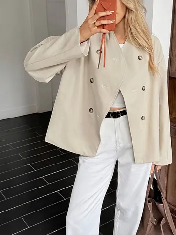 Women's Elegant Double Breasted Blazer Jacket Long Sleeve Commuter Solid Color Polyester Outerwear For Fall Winter Top