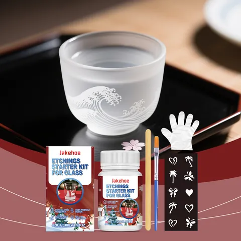Jakehoe Glasätz-Starterset Glas-Frosting-Creme Mit Schablonen Pinsel Rührstab Handschuhen DIY Glas Kunst Dekor Zubehör