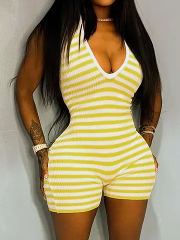 Sexy Cuello Halter V Rayas Punto Sin Mangas Mameluco Para Mujer Estilo Americano Vintage Ajustado Canalé Mono Verano Playa
