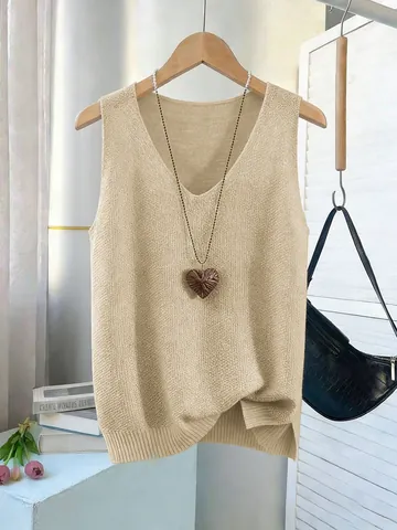 Dames V-Hals Opengewerkt Gebreid Vest Top Viscose Mouwloze Trui Artistiek Casual Zomer Kleding Voor Dames Elegantie
