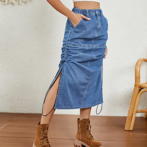 Women Washed Denim Midi Skirt High Waist Elastic Drawstring Side Ruched Slit Cargo Skirt Casual Streetwear Blue Long Skirt