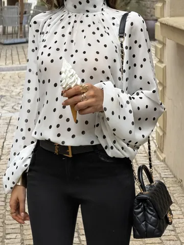 Women Polka Dot Mock Neck Puff Sleeve Blouse Elegant Vintage Back Bow Tie Long Sleeve Woven Polyester Top Casual Fashion