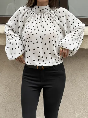 Women Polka Dot Mock Neck Puff Sleeve Blouse Elegant Vintage Back Bow Tie Long Sleeve Woven Polyester Top Casual Fashion