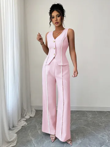 Set Gilet Senza Maniche e Pantaloni a Gamba Larga da Donna Bordo a Contrasto Stile Urbano Completo Due Pezzi in Poliestere
