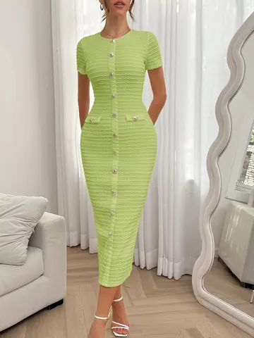 Elegant Slim Fit Knitted Midi Dress with Decorative Buttons High Waist Short Sleeve Bodycon Pencil Dress for Women