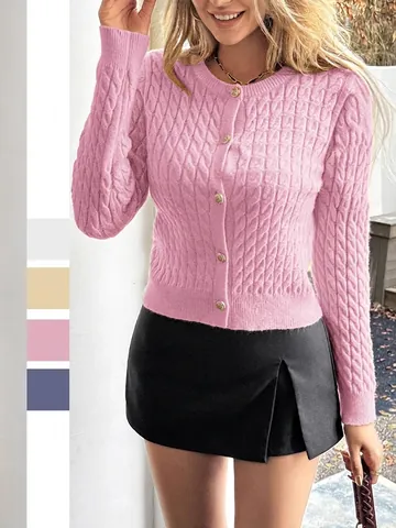 Women Cable Knit Cardigan Sweater Round Neck Single Breasted Gold Button Long Sleeve Acrylic Knitwear Casual Holiday Top