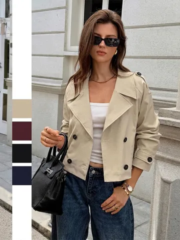 Women's Casual Short Jacket Coat Double Breasted Lapel Long Sleeve Polyester Solid Color Outerwear Top For Autumn Winter