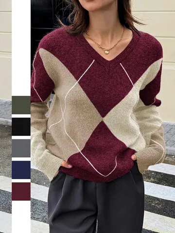 Women's Argyle Color Block Knitted Sweater V-Neck Long Sleeve Pullover Vacation Style Autumn Winter Knitwear Top