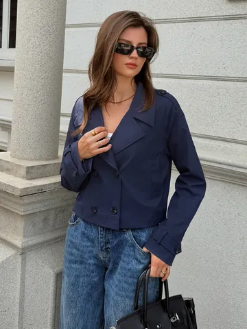 Women's Casual Short Jacket Coat Double Breasted Lapel Long Sleeve Polyester Solid Color Outerwear Top For Autumn Winter