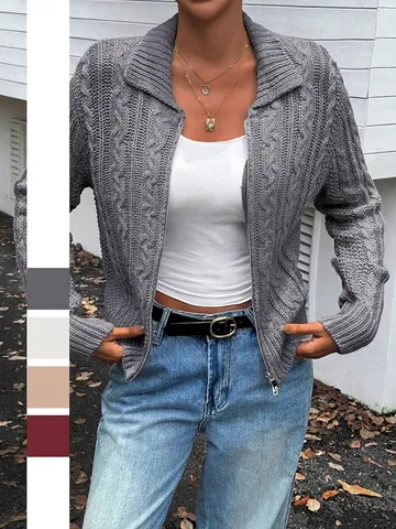 Women Cable Knit Cardigan Zip Up Sweater Jacket French Style Long Sleeve Outerwear Solid Color Polyester Top