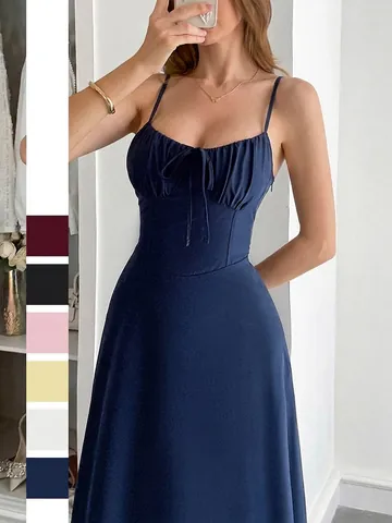 Women's Elegant Solid Color Spaghetti Strap Maxi Dress Ruched Bust Tie Back A-Line Waist-Hugging Summer Vacation Dress