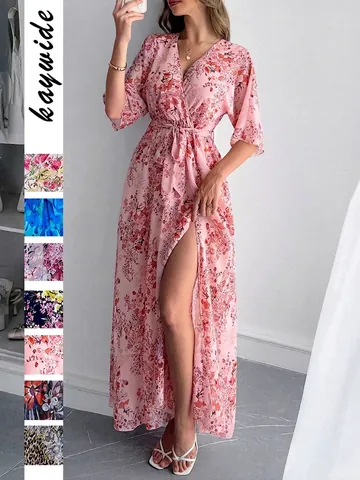 Women Floral V Neck Maxi Dress Wrap Tie Waist High Slit Vacation Elegant Flowy Summer Dress With Flutter Sleeve Dress