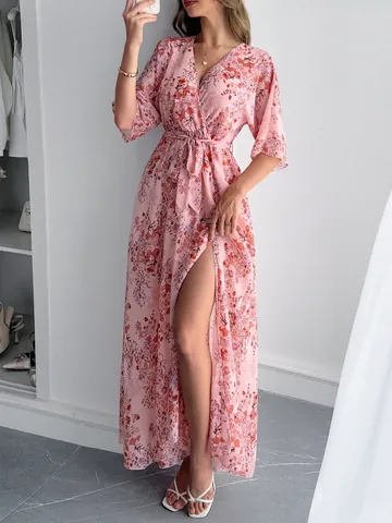 Women Floral V Neck Maxi Dress Wrap Tie Waist High Slit Vacation Elegant Flowy Summer Dress With Flutter Sleeve Dress