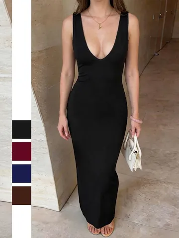 Women Sexy Deep V Neck Sleeveless Bodycon Maxi Dress Elegant Slim Fit Back Slit Long Club Party Dress Solid Color Dress
