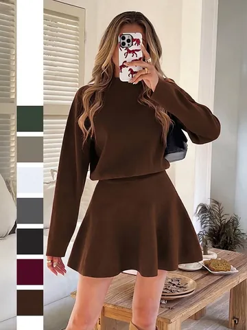 Women Knitted Mini Dress Y2K Style Viscose Blend Long Sleeve Slim Fit A-Line Solid Color Autumn Winter Casual Elegant Dress