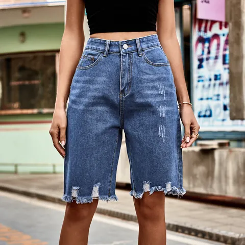 Women High Waisted Denim Bermuda Shorts Distressed Ripped Jeans Frayed Hem Tassel Raw Edge Streetwear Casual Bottoms