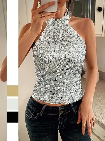 Women Sequin Halter Vest Top Polyester Sleeveless Slim Fit Short Elegant Sexy Camisole For Party Clubwear Summer Shirt