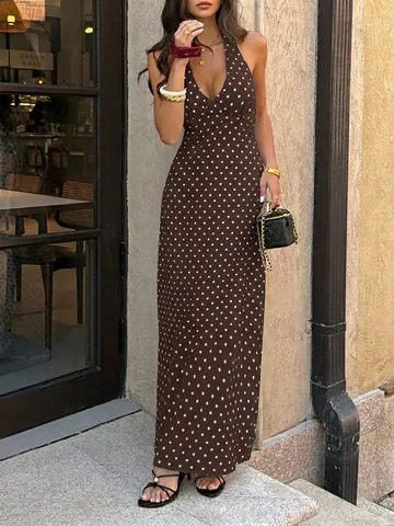 Women Halter Deep V Neck Polka Dot Maxi Dress Backless Sexy Y2K Vacation Style Sleeveless Summer Long Dress With Bow Tie