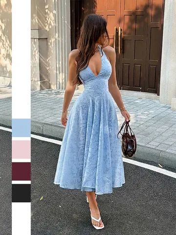 Women's Deep V Halter Jacquard Midi Dress Sleeveless Backless A-Line Vacation Dress Elegant Summer Party Dress Robe