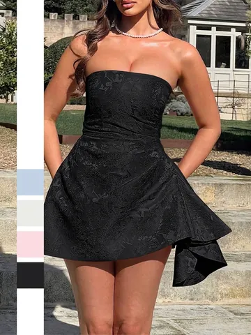 Women's French Resort Style Strapless Jacquard Mini Dress Elegant Ruched Floral Jacquard Tube Top Dress for Party Vacation