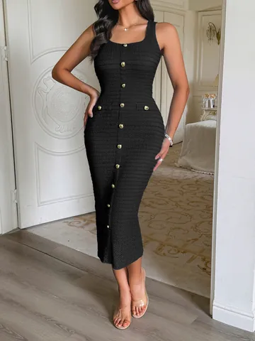 Elegant Solid Color Sleeveless U-Neck Button Bodycon Midi Dress For Women Polyester Spandex Knit Slim Fit Evening Party Dress