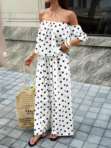 Women Polka Dot Off Shoulder Top And Wide Leg Pants Set Summer Casual Fashion Outfits For Women Streetwear Top And Bottom