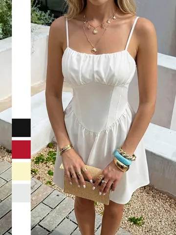 Women French Style Resort Solid Color Mini Dress Ruched Corset Spaghetti Strap Sleeveless Slim Fit Summer Beach Party Dress