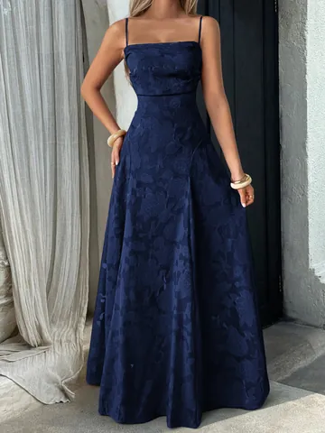 Women Elegant Resort Spaghetti Strap Maxi Dress Floral Jacquard A-Line Evening Party Long Dress