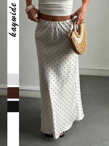 Women Polka Dot Satin Midi Skirt Elegant High Waist A-Line Long Skirt Summer Casual Bottoms Polyester Skirt