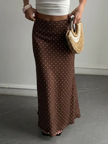 Women Polka Dot Satin Midi Skirt Elegant High Waist A-Line Long Skirt Summer Casual Bottoms Polyester Skirt