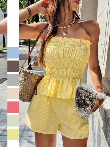 Women Top And Bottom Strapless Smocked Tube Top Ruffle Hem Shorts Striped Minimalist Casual Vacation Summer Outfit
