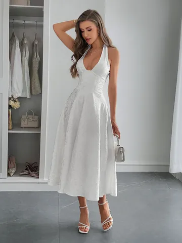 Robe Longue Maxi pour Femmes Style Français Licou Sexy Col en V Dos Nu Jacquard Floral Polyester Élégante Vacances Fête Coupe Trapèze