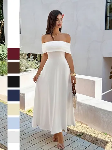 Elegante Vestido Largo con Hombros Descubiertos para Mujer Sexy Color Sólido Línea A Vestido de Noche Sin Mangas de Poliéster Elastano