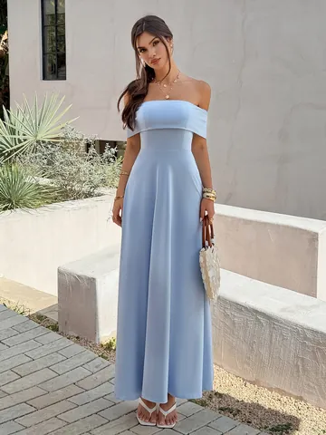 Elegante Vestido Largo con Hombros Descubiertos para Mujer Sexy Color Sólido Línea A Vestido de Noche Sin Mangas de Poliéster Elastano