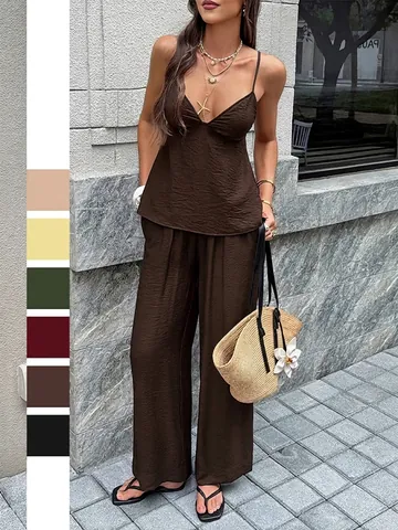 Women Sexy Deep V Camisole And Wide Leg Pants Top And Bottom Set Solid Color Textured Fabric Resort Casual Outfits