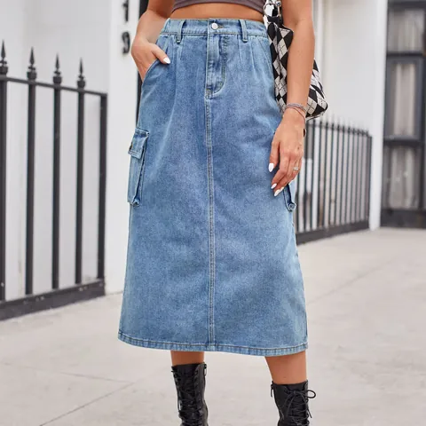 Women Cargo Denim Midi Skirt High Waist Washed A-Line Streetwear Long Skirt With Pockets Casual Fashion Skirt For Women
