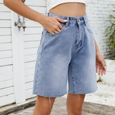 Women Summer Washed Denim Shorts Casual Streetwear Straight Raw Hem Jeans Shorts High Waist Blue Black Gray Fashion