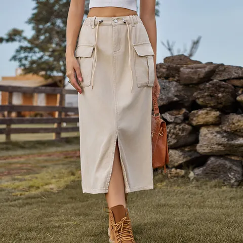 Women Cargo Denim Midi Skirt Washed Drawstring Split Skirt with Pockets Streetwear Casual Long Skirt for Women Fashion