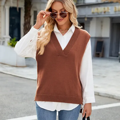 Women V Neck Knit Vest Sleeveless Acrylic Pullover Sweater Ribbed Trim Casual Waistcoat Streetwear Solid Color Slit Hem Top